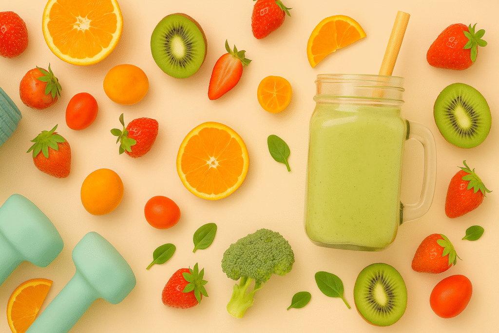 Smoothie vert healthy avec fruits frais, tapis de yoga et haltères – mode de vie sain